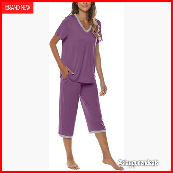 Women's Pajama Set Short Sleeve Top Capri Pants Lightweight Sleepwear Lounge